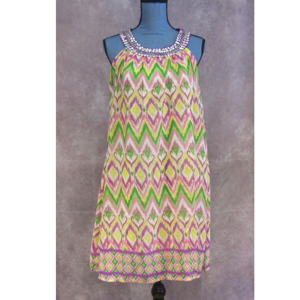 NEW Magic Beaded Collar Dress Pink Purple Green S